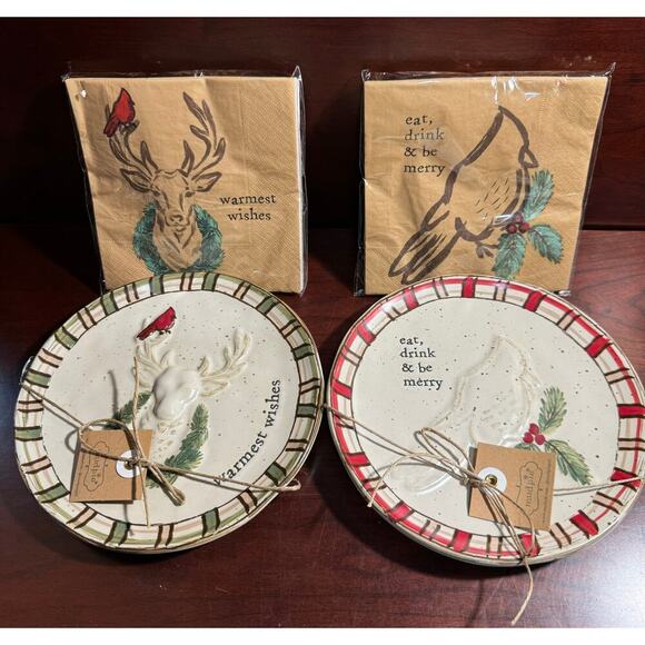 NIB Warmest Wishes & Eat Drink Be Merry Lodge App Set Plate W/Pack Kraft Napkins - Picture 4 of 11